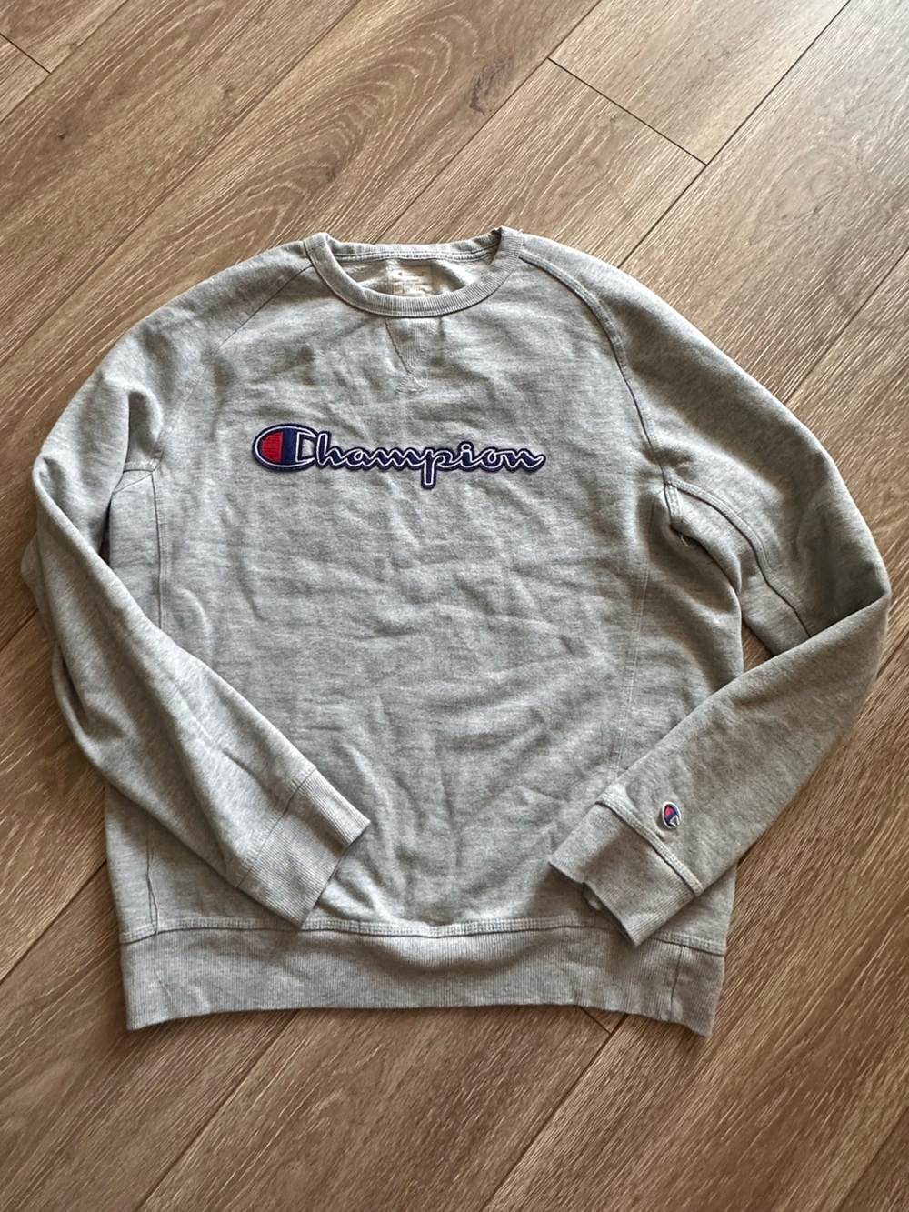 Champion Gray Crewneck Sweatshirt with Navy & Red Logo